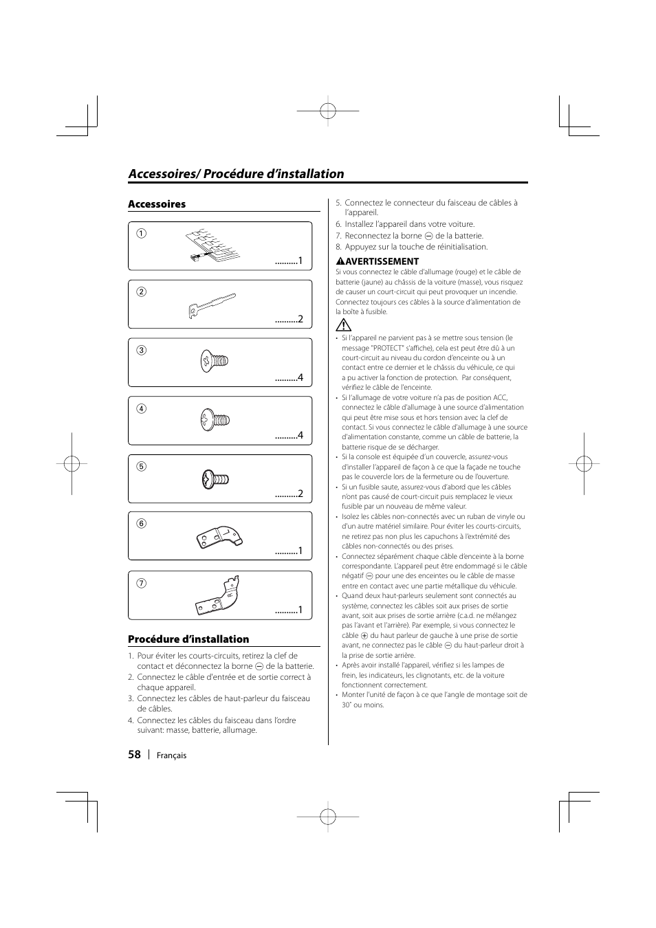 Accessoires/ procédure d’installation | Kenwood KDC-MP3035 User Manual | Page 58 / 96