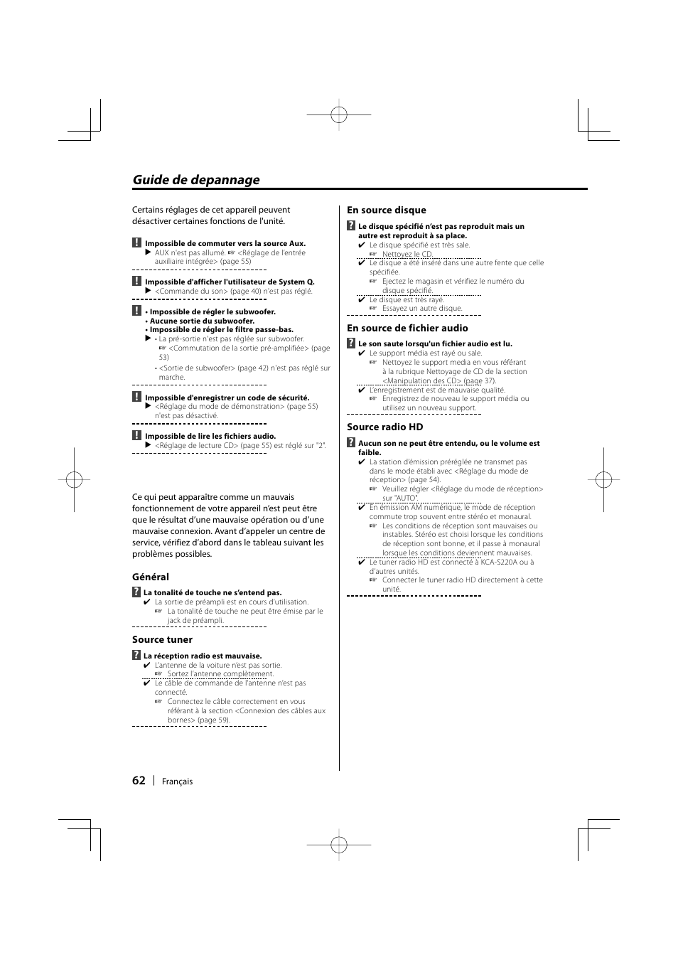 Guide de depannage | Kenwood KDC-MP3035 User Manual | Page 62 / 96