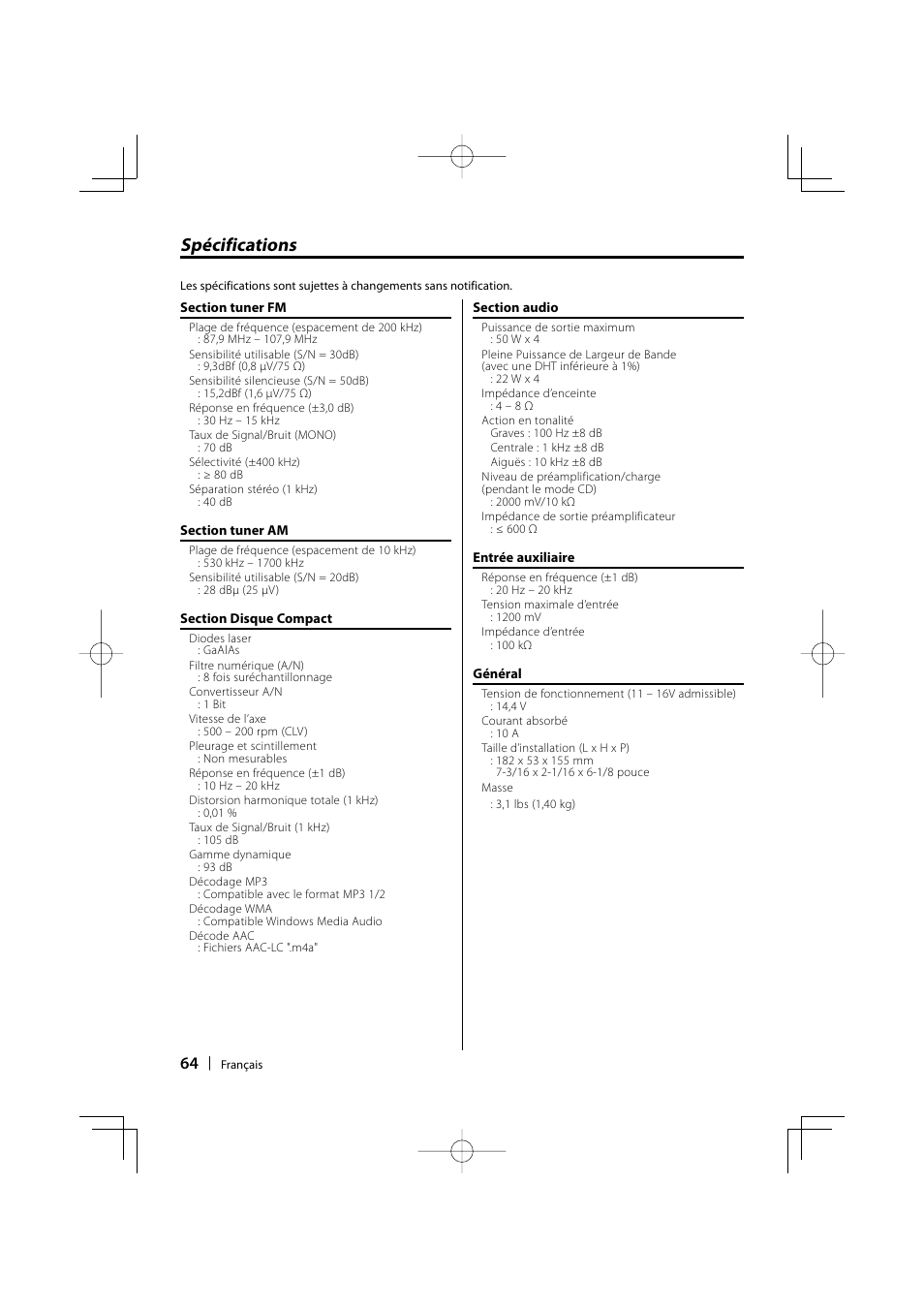 Spécifications | Kenwood KDC-MP3035 User Manual | Page 64 / 96