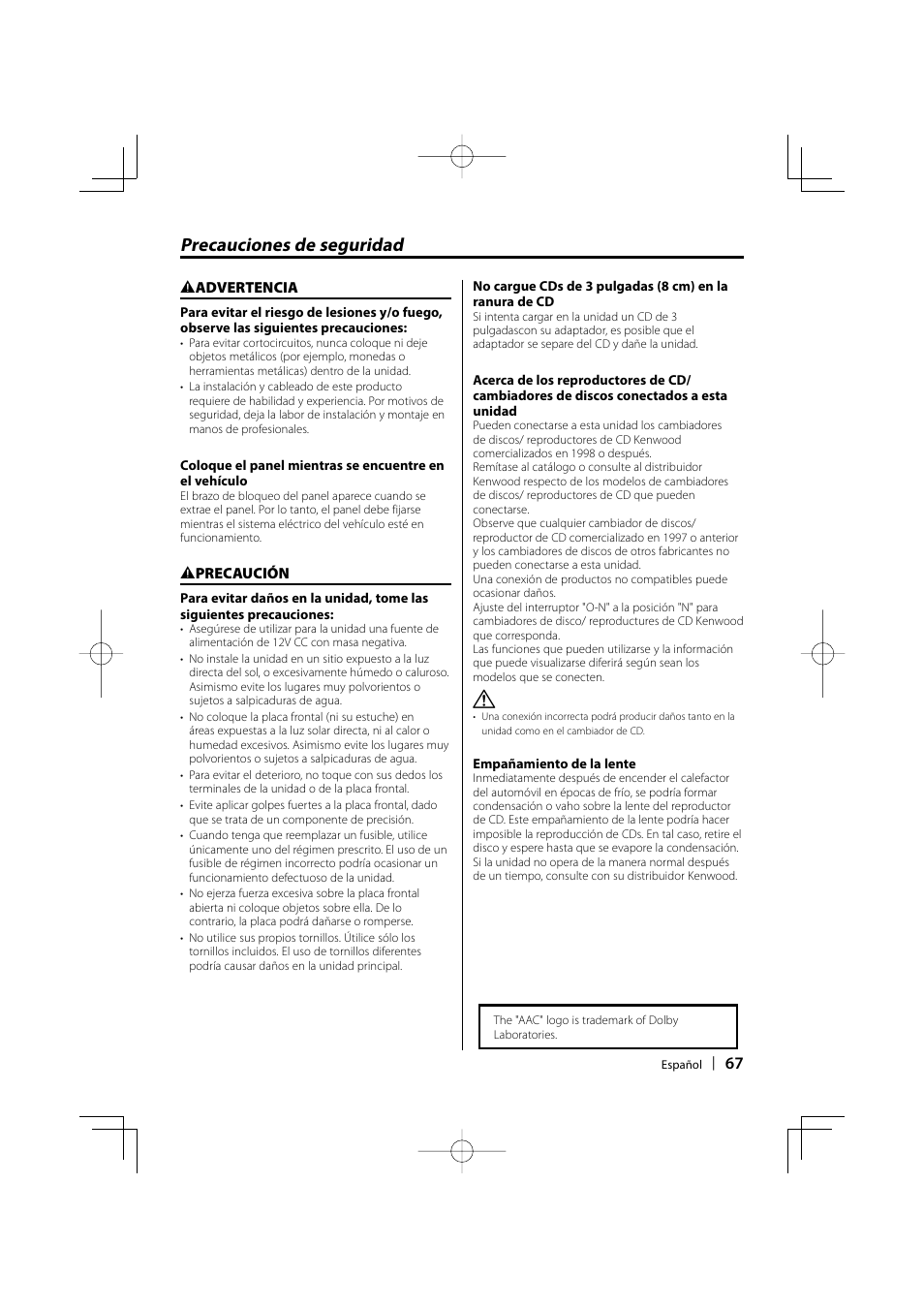 Precauciones de seguridad | Kenwood KDC-MP3035 User Manual | Page 67 / 96