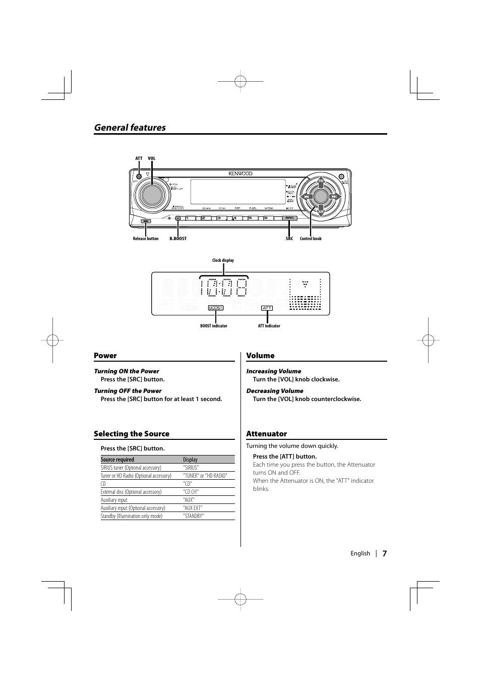 General features, Power, Selecting the source | Volume, Attenuator | Kenwood KDC-MP3035 User Manual | Page 7 / 96