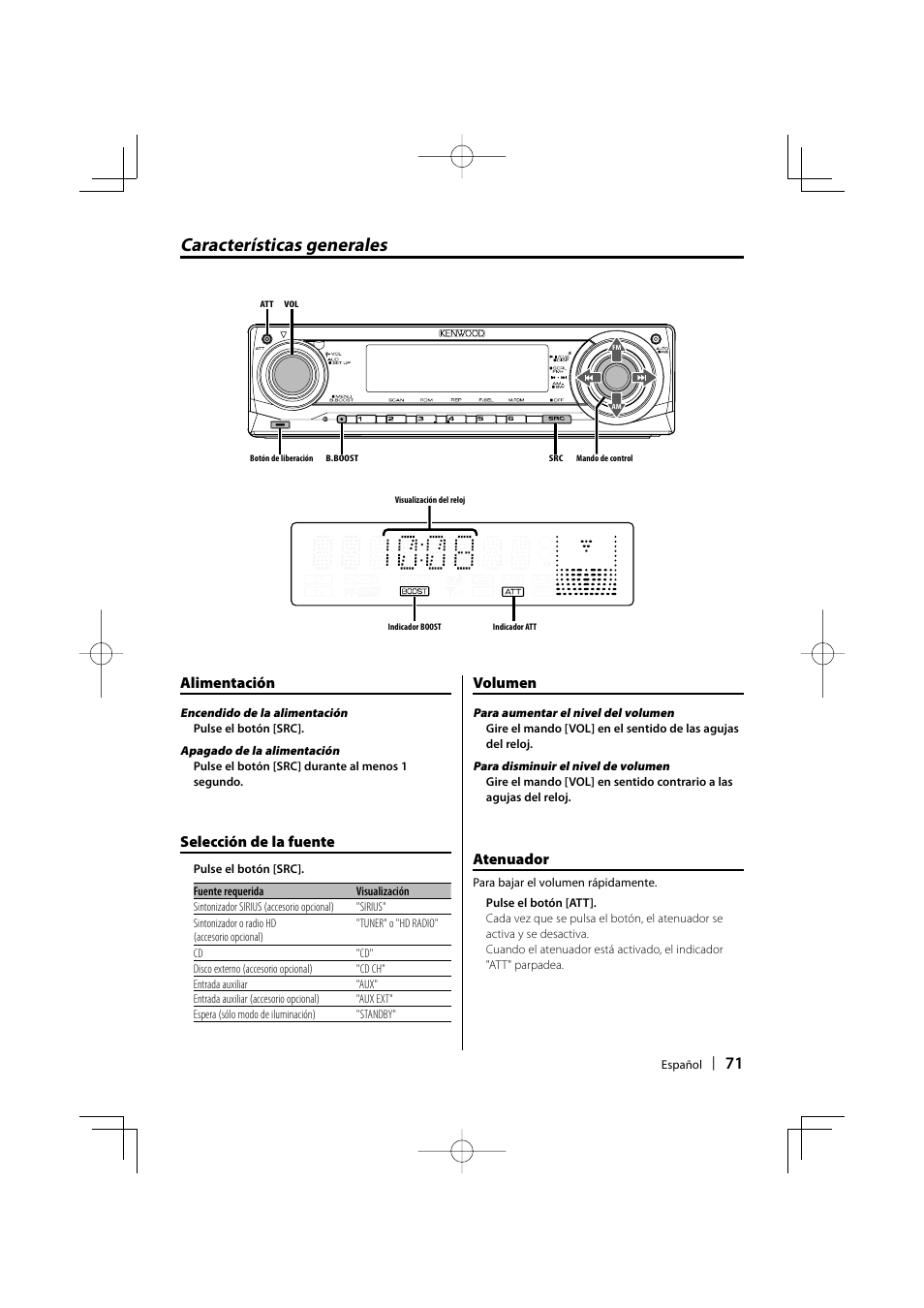 Características generales, Alimentación, Selección de la fuente | Volumen, Atenuador | Kenwood KDC-MP3035 User Manual | Page 71 / 96