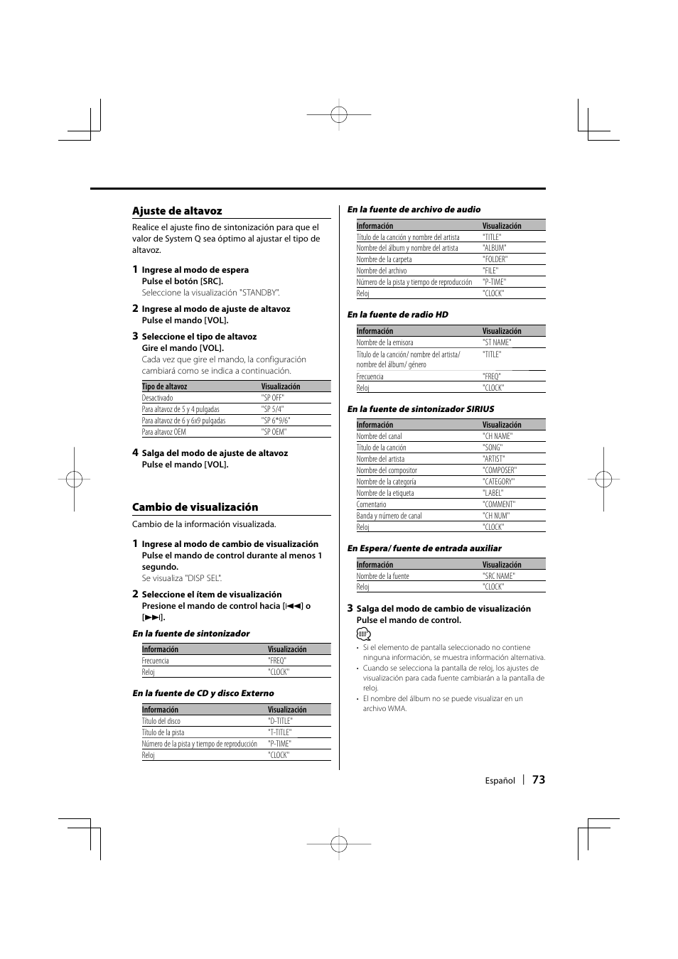 Ajuste de altavoz, Cambio de visualización | Kenwood KDC-MP3035 User Manual | Page 73 / 96