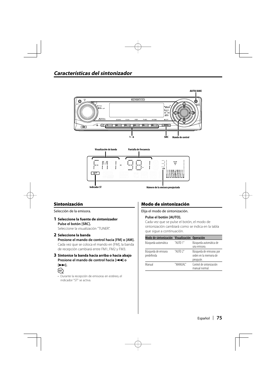 Características del sintonizador, Sintonización, Modo de sintonización | Kenwood KDC-MP3035 User Manual | Page 75 / 96