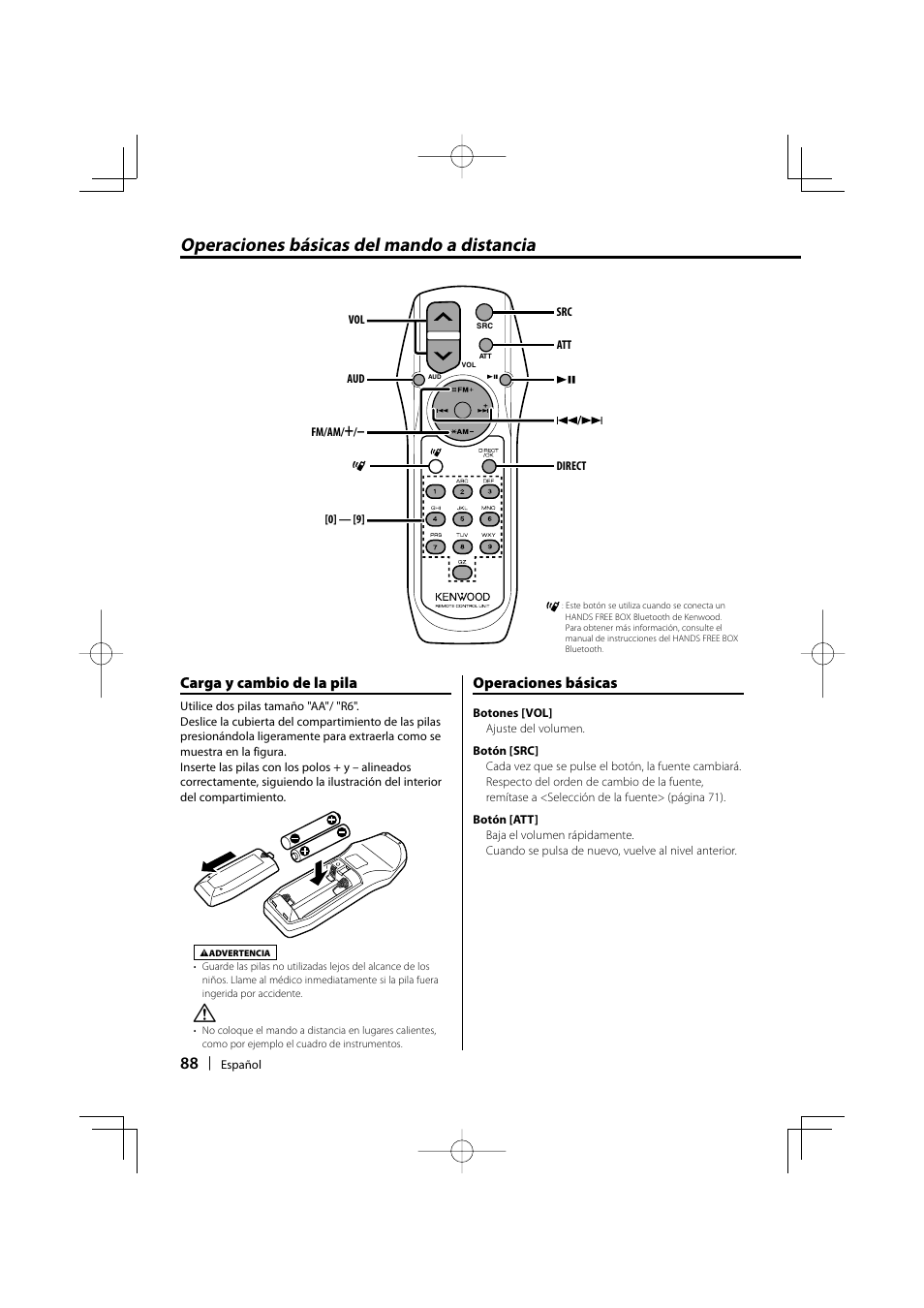 Operaciones básicas del mando a distancia, Carga y cambio de la pila, Operaciones básicas | Kenwood KDC-MP3035 User Manual | Page 88 / 96