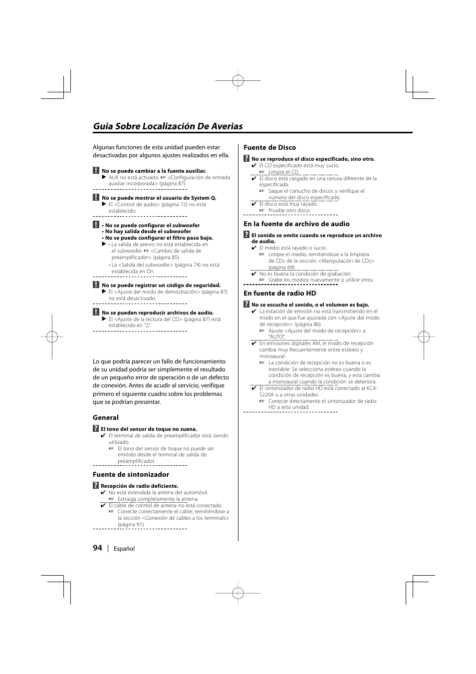 Guia sobre localización de averias | Kenwood KDC-MP3035 User Manual | Page 94 / 96