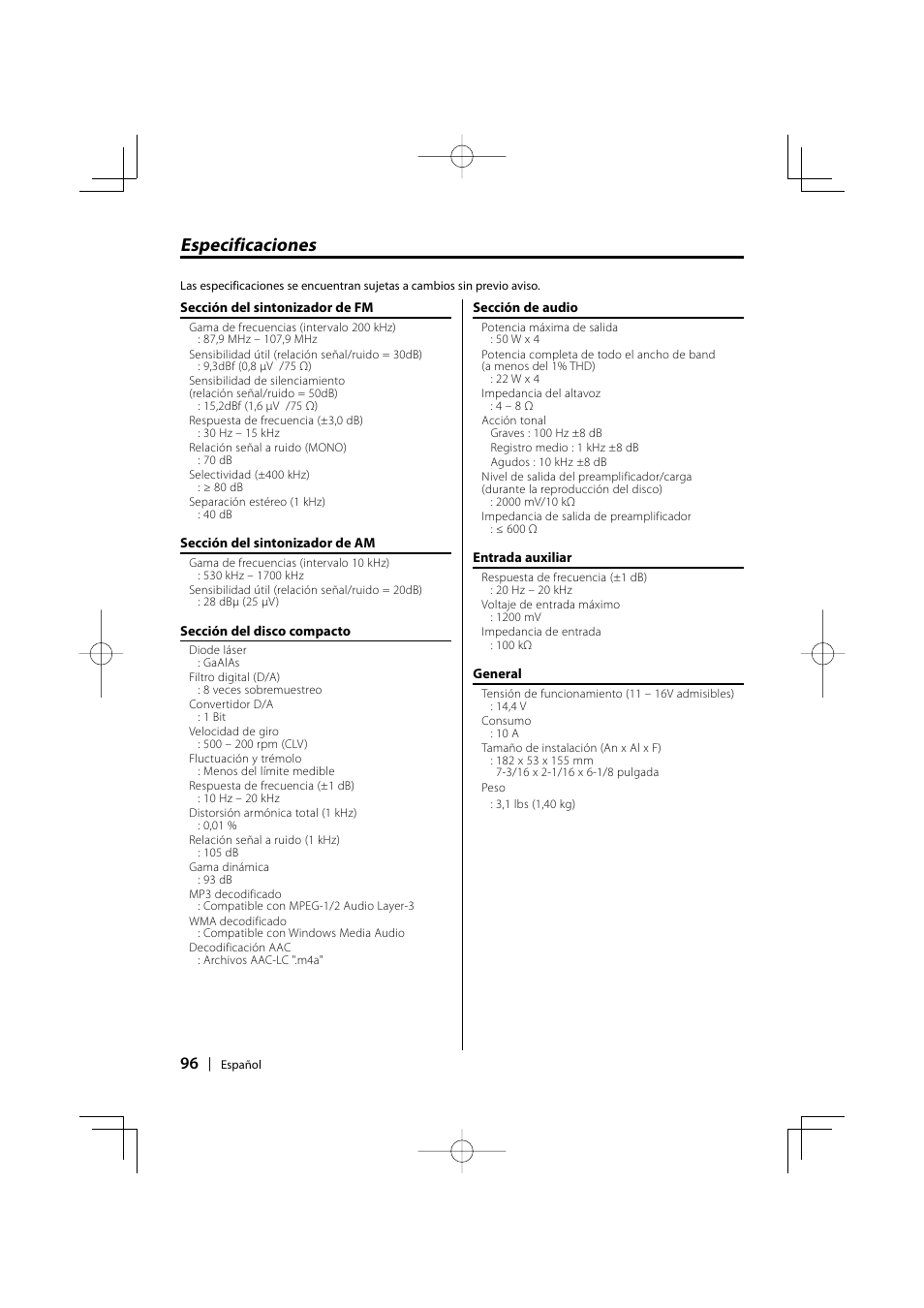 Especificaciones | Kenwood KDC-MP3035 User Manual | Page 96 / 96