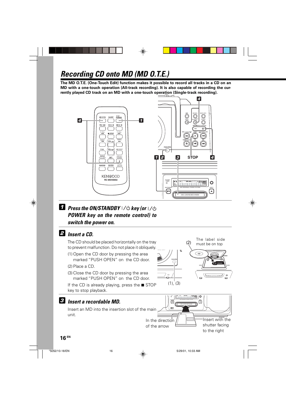 Recording cd onto md (md o.t.e.), Insert a cd, Insert a recordable md | Loud khz mhz md md cd cd | Kenwood MDX-G2 User Manual | Page 16 / 60