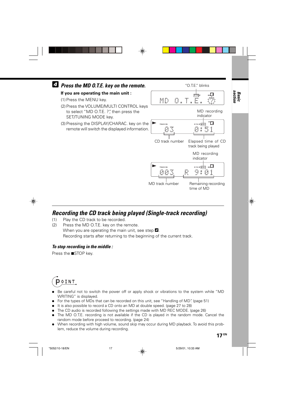 Press the md o.t.e. key on the remote, Press the 7stop key | Kenwood MDX-G2 User Manual | Page 17 / 60