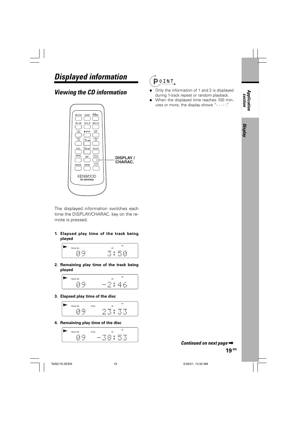 Displayed information, Viewing the cd information, Continued on next page | Display, Display / charac | Kenwood MDX-G2 User Manual | Page 19 / 60