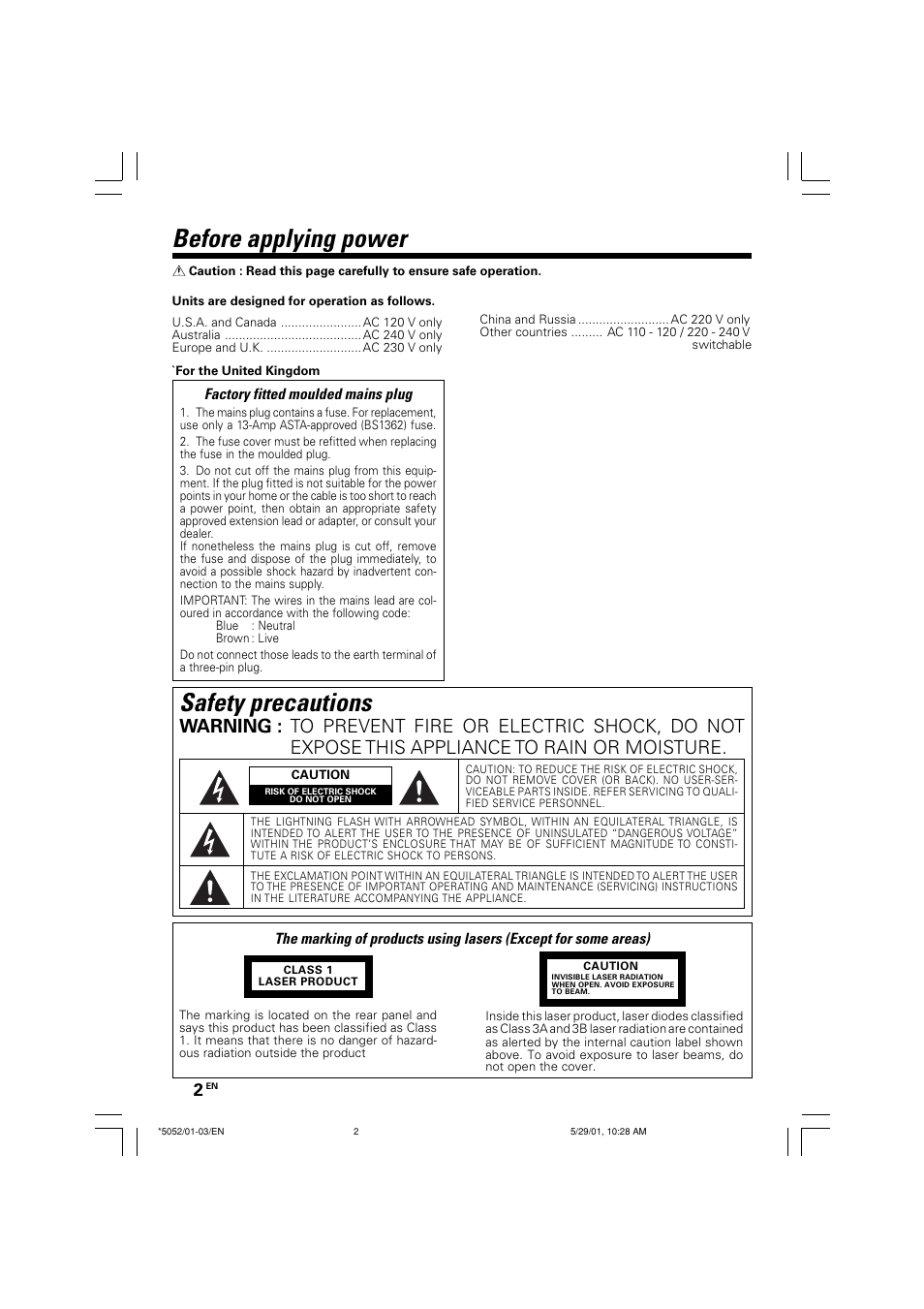 Before applying power, Safety precautions | Kenwood MDX-G2 User Manual | Page 2 / 60