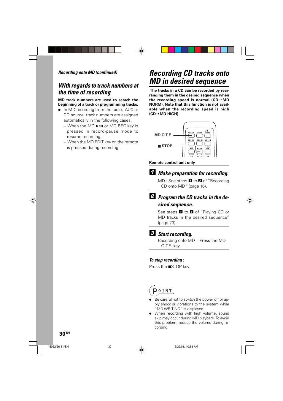 Recording cd tracks onto md in desired sequence, Make preparation for recording, Program the cd tracks in the de- sired sequence | Start recording | Kenwood MDX-G2 User Manual | Page 30 / 60