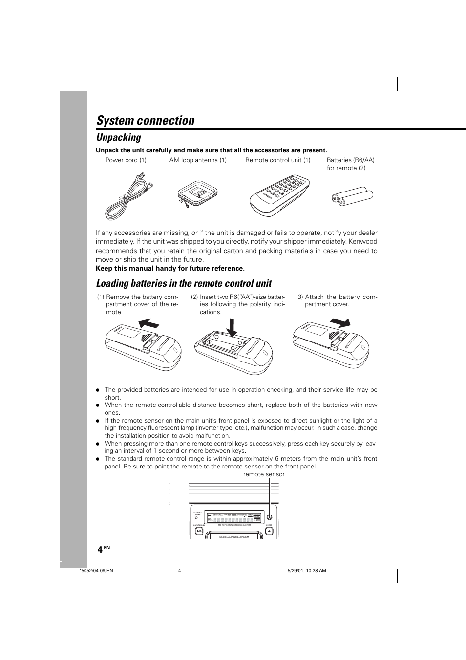 System connection, Unpacking, Loading batteries in the remote control unit | Kenwood MDX-G2 User Manual | Page 4 / 60