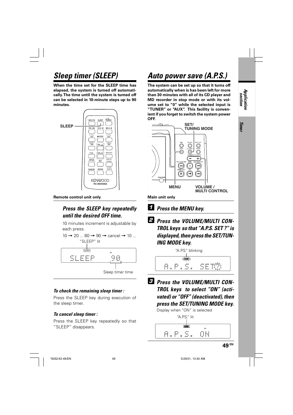 Sleep timer (sleep), Auto power save (a.p.s.), Press the menu key | Press the volume/multi con- trol keys, Timer, Main unit only, Menu volume / multi control set/ tuning mode, Sleep, A.p.s.” blinking, A.p.s.” lit | Kenwood MDX-G2 User Manual | Page 49 / 60