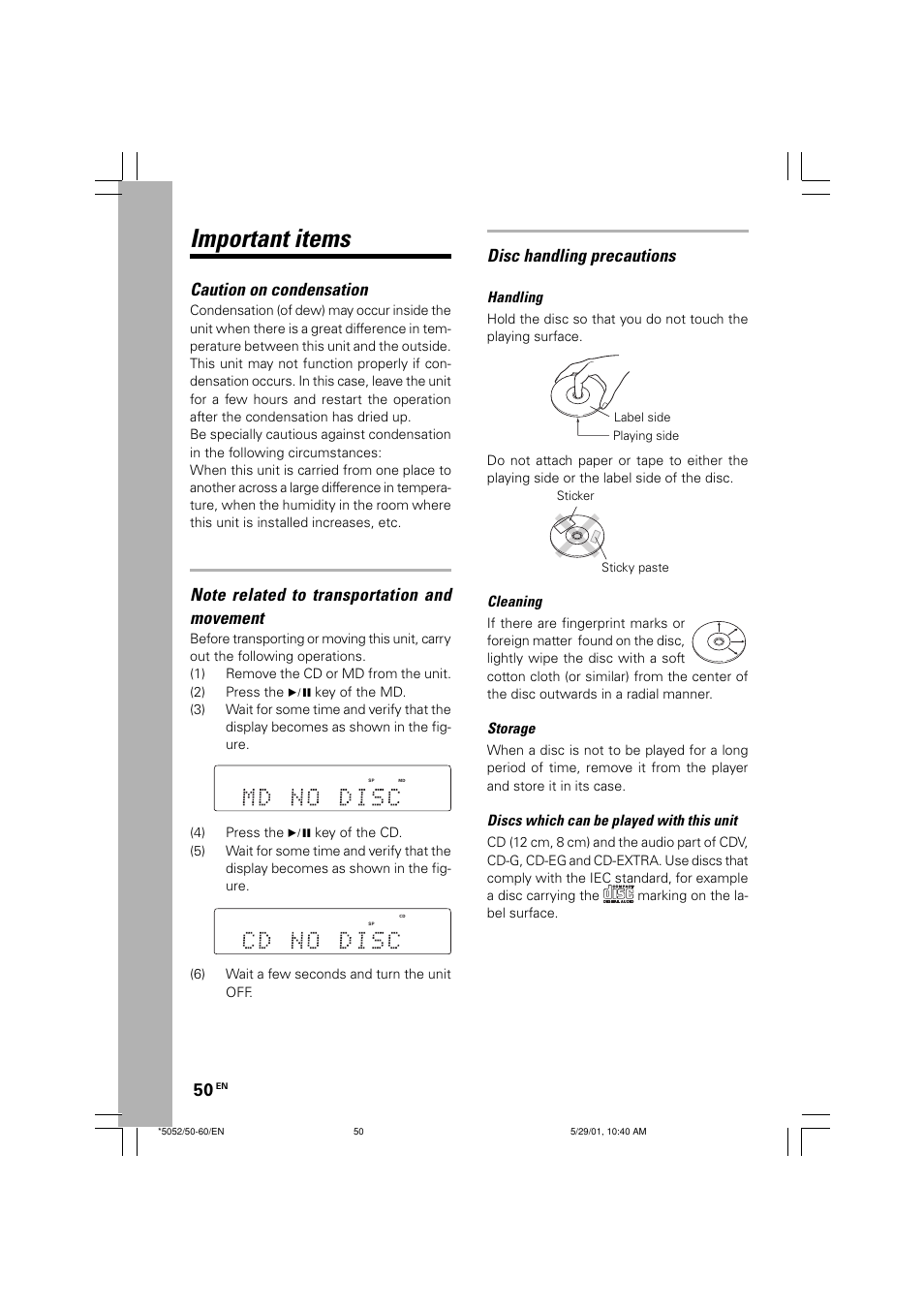 Important items, Caution on condensation, Disc handling precautions | Handling, Cleaning, Storage, Discs which can be played with this unit | Kenwood MDX-G2 User Manual | Page 50 / 60