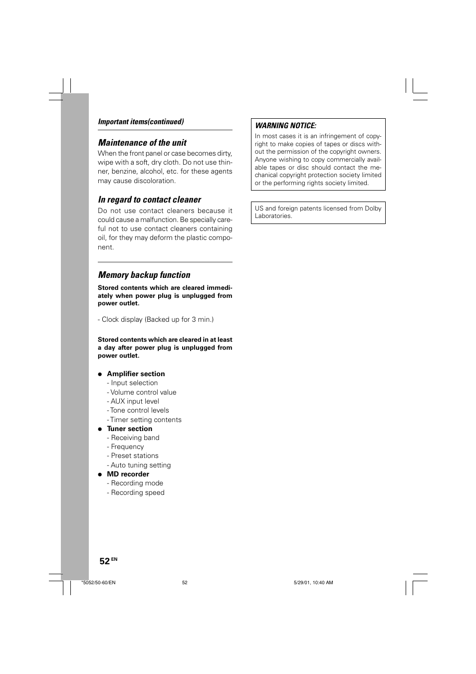 Maintenance of the unit | Kenwood MDX-G2 User Manual | Page 52 / 60