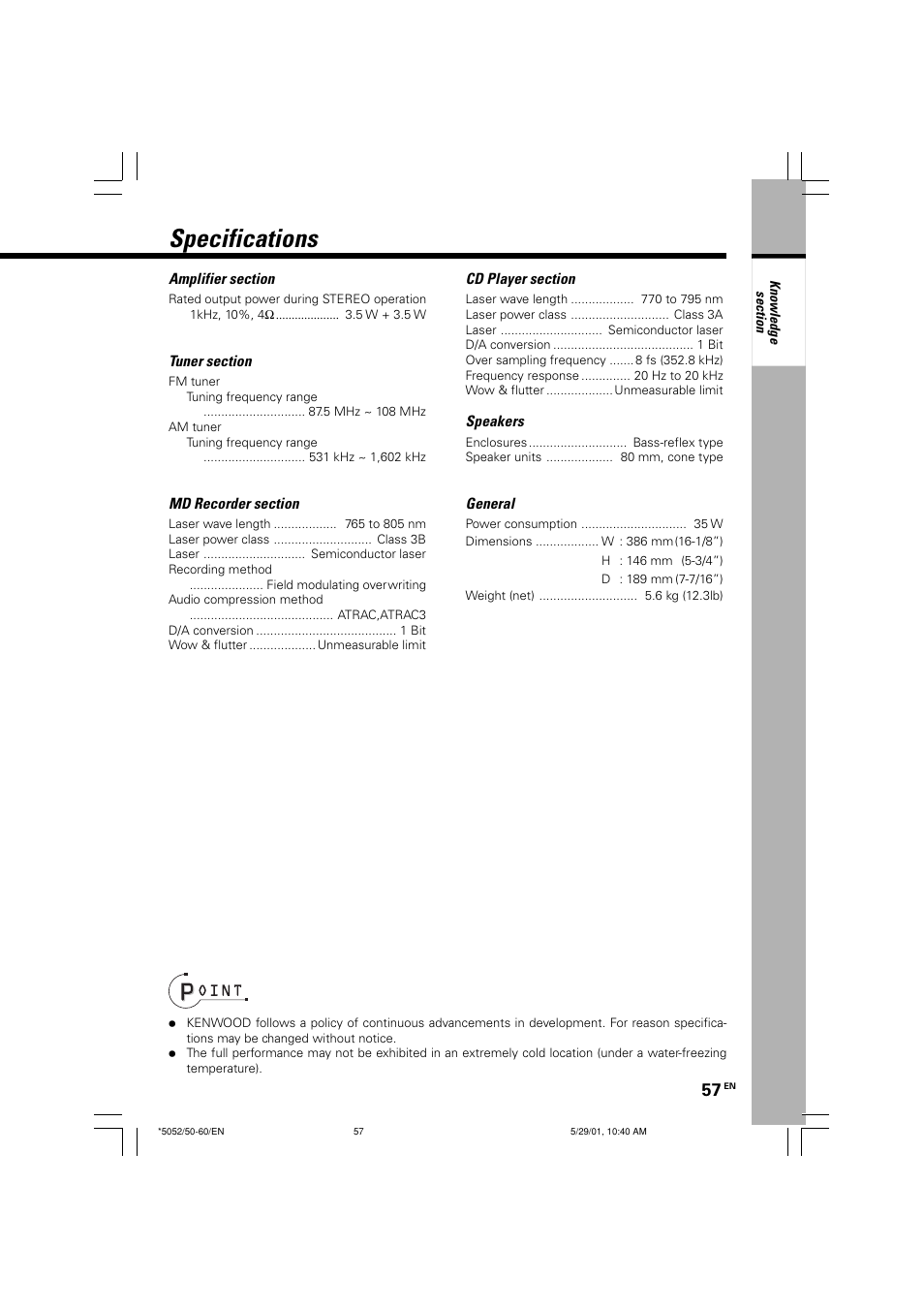 Specifications | Kenwood MDX-G2 User Manual | Page 57 / 60