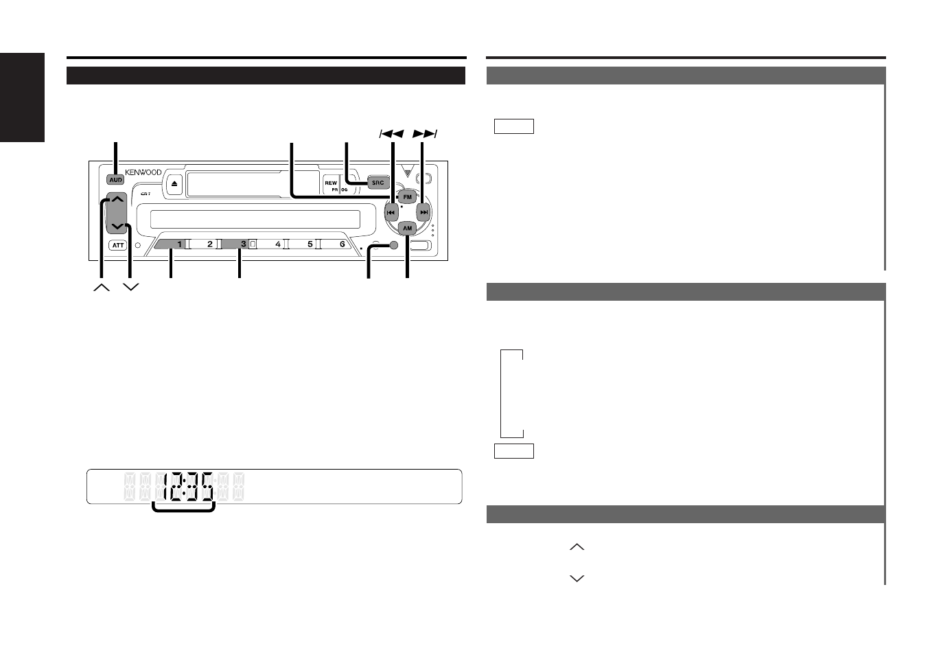 Other features, Power, Switching modes | Volume, Buttons and display, Basic operations, English | Kenwood KRC-152LG User Manual | Page 6 / 17