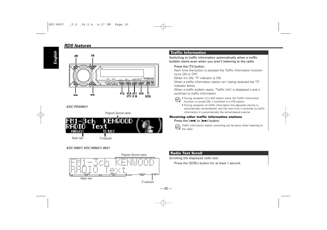 Rds features | Kenwood KDC-PSW9521  EN User Manual | Page 20 / 52