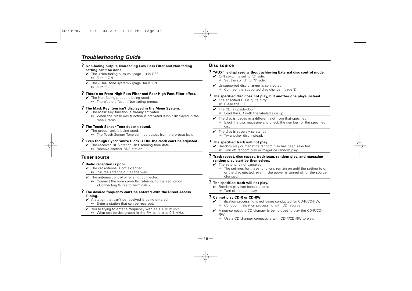 Troubleshooting guide | Kenwood KDC-PSW9521  EN User Manual | Page 45 / 52