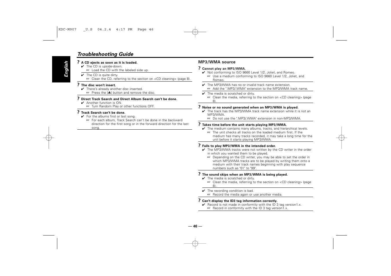 Troubleshooting guide | Kenwood KDC-PSW9521  EN User Manual | Page 46 / 52