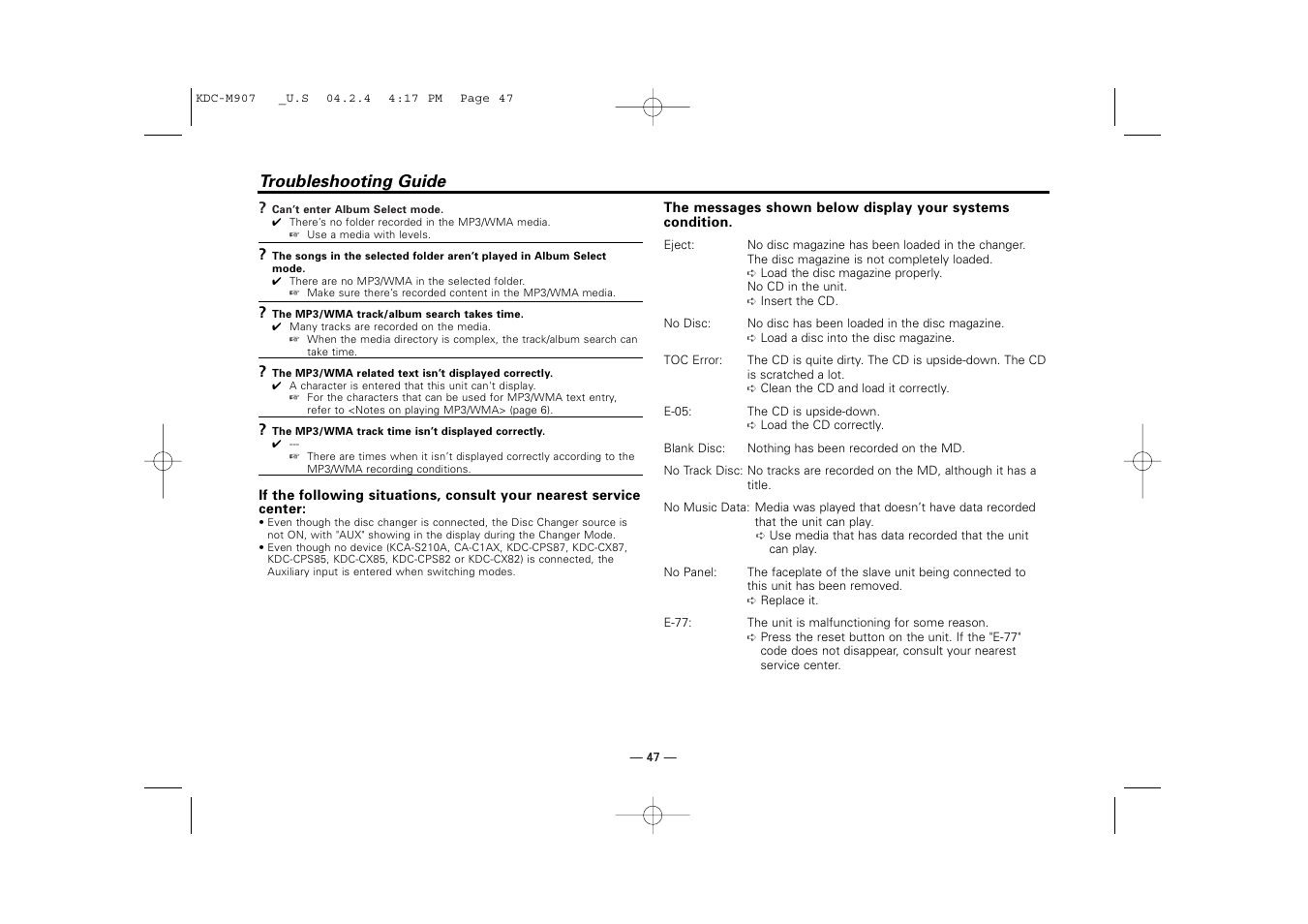 Troubleshooting guide | Kenwood KDC-PSW9521  EN User Manual | Page 47 / 52