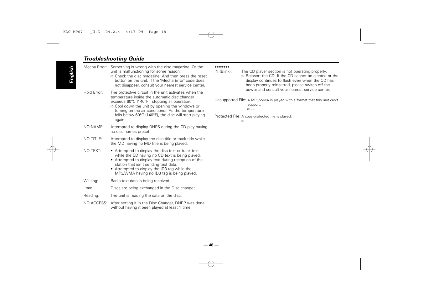 Troubleshooting guide | Kenwood KDC-PSW9521  EN User Manual | Page 48 / 52