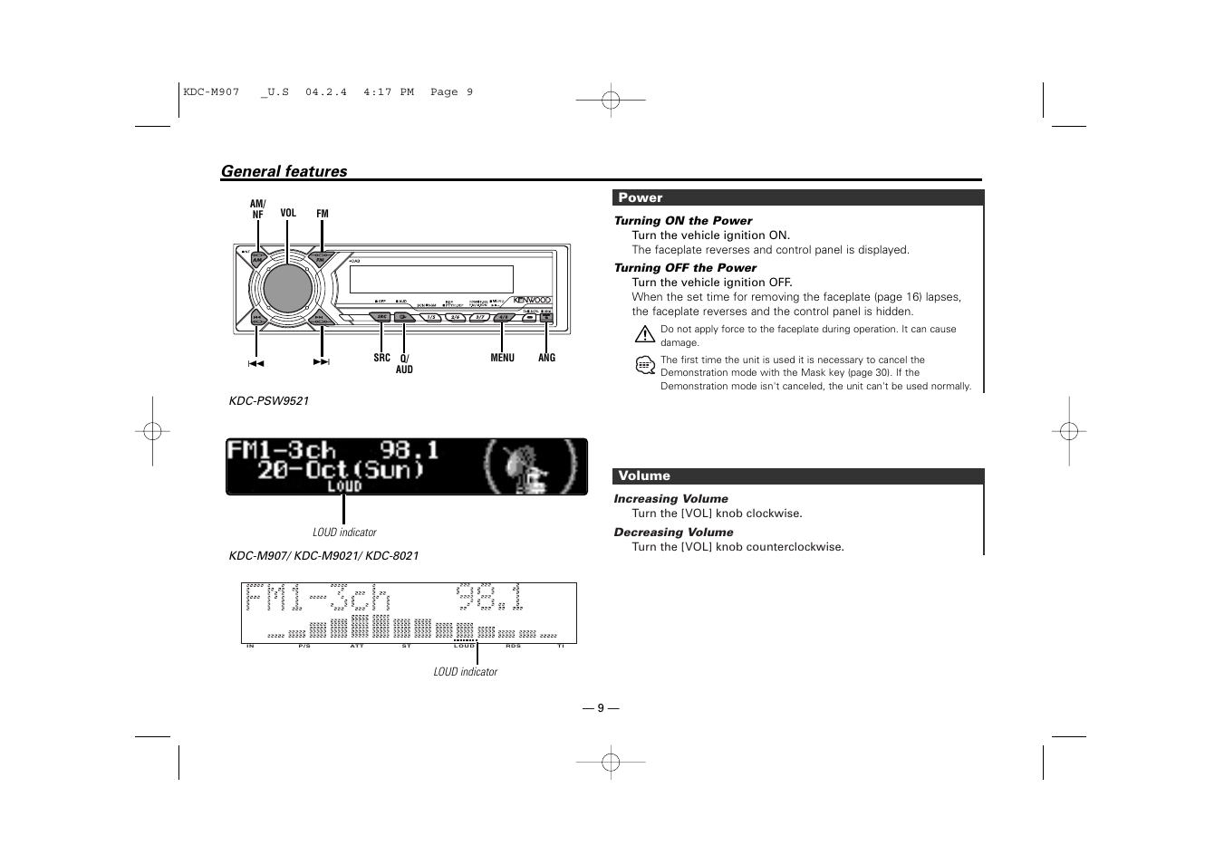 General features | Kenwood KDC-PSW9521  EN User Manual | Page 9 / 52