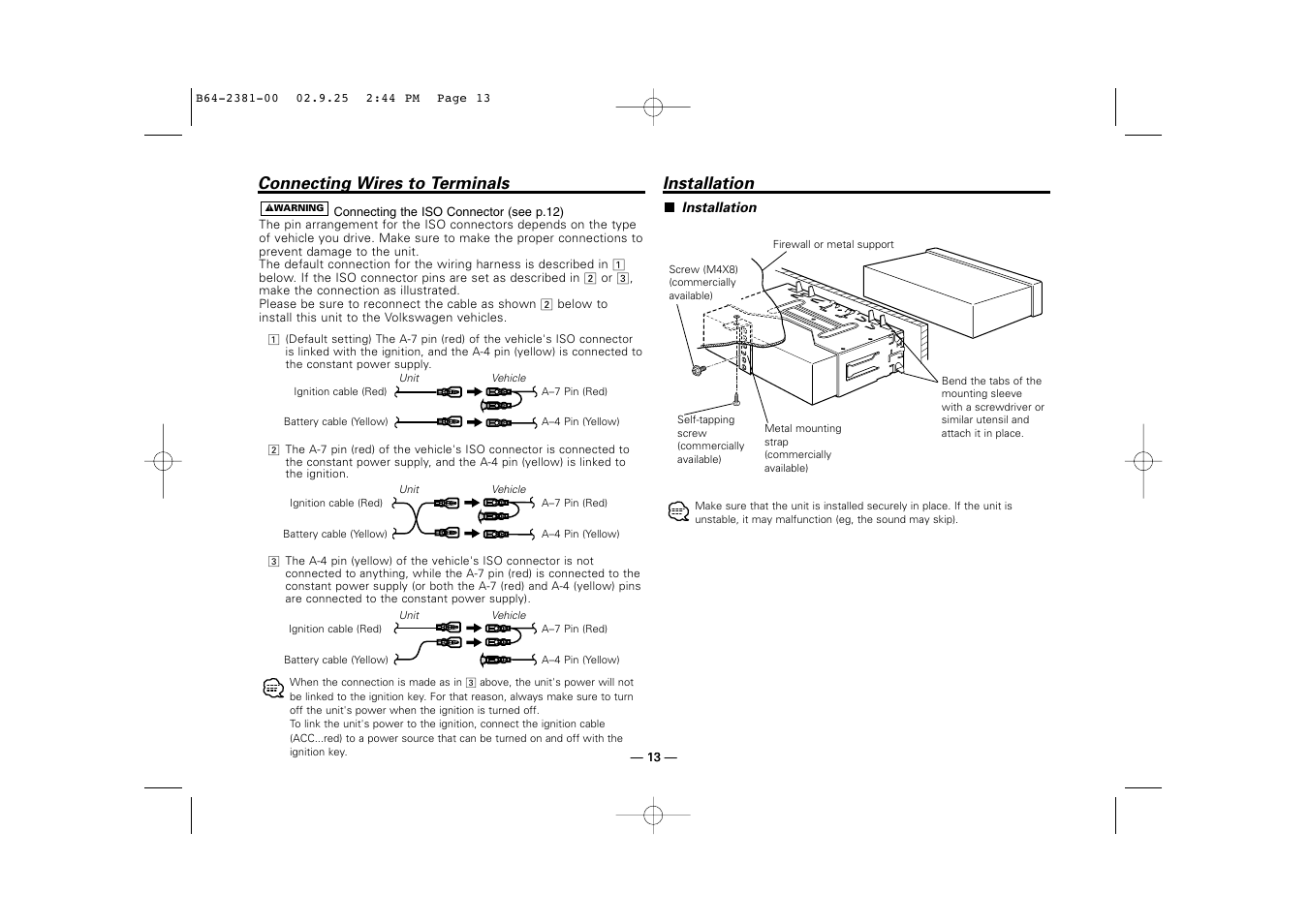 Connecting wires to terminals installation | Kenwood KRC-21SG User Manual | Page 13 / 16