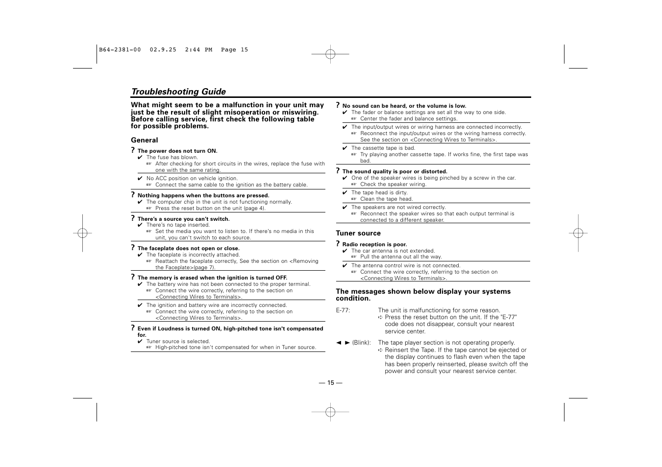 Troubleshooting guide | Kenwood KRC-21SG User Manual | Page 15 / 16