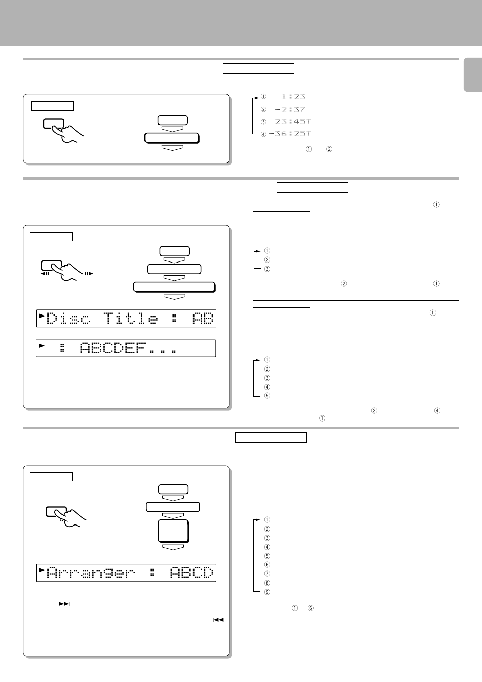 Displays, Time display on cd player (time display), Displaying all the text information (all info.) | Kenwood D-S300 User Manual | Page 15 / 28