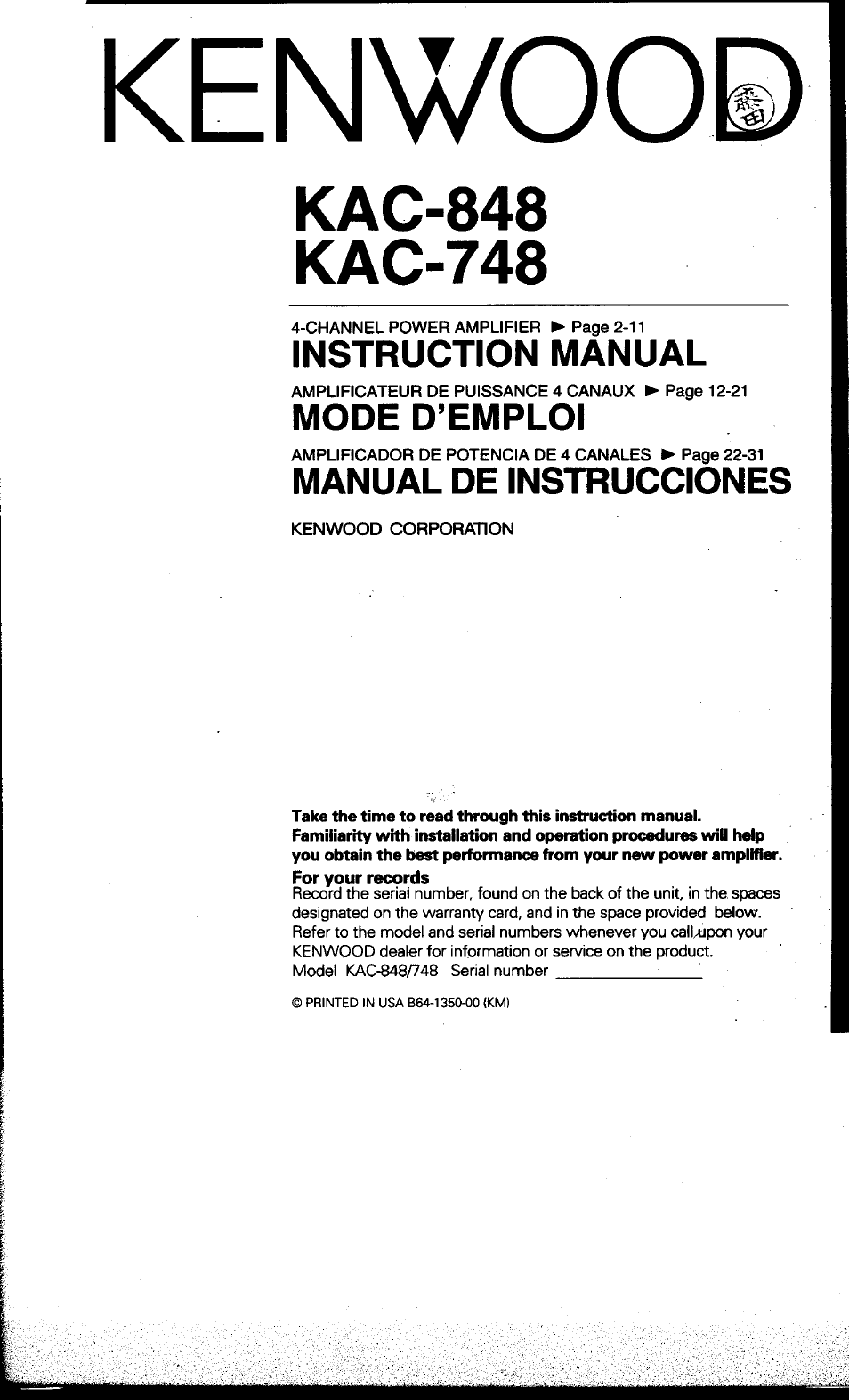 Kenwood KAC-748 User Manual | 11 pages