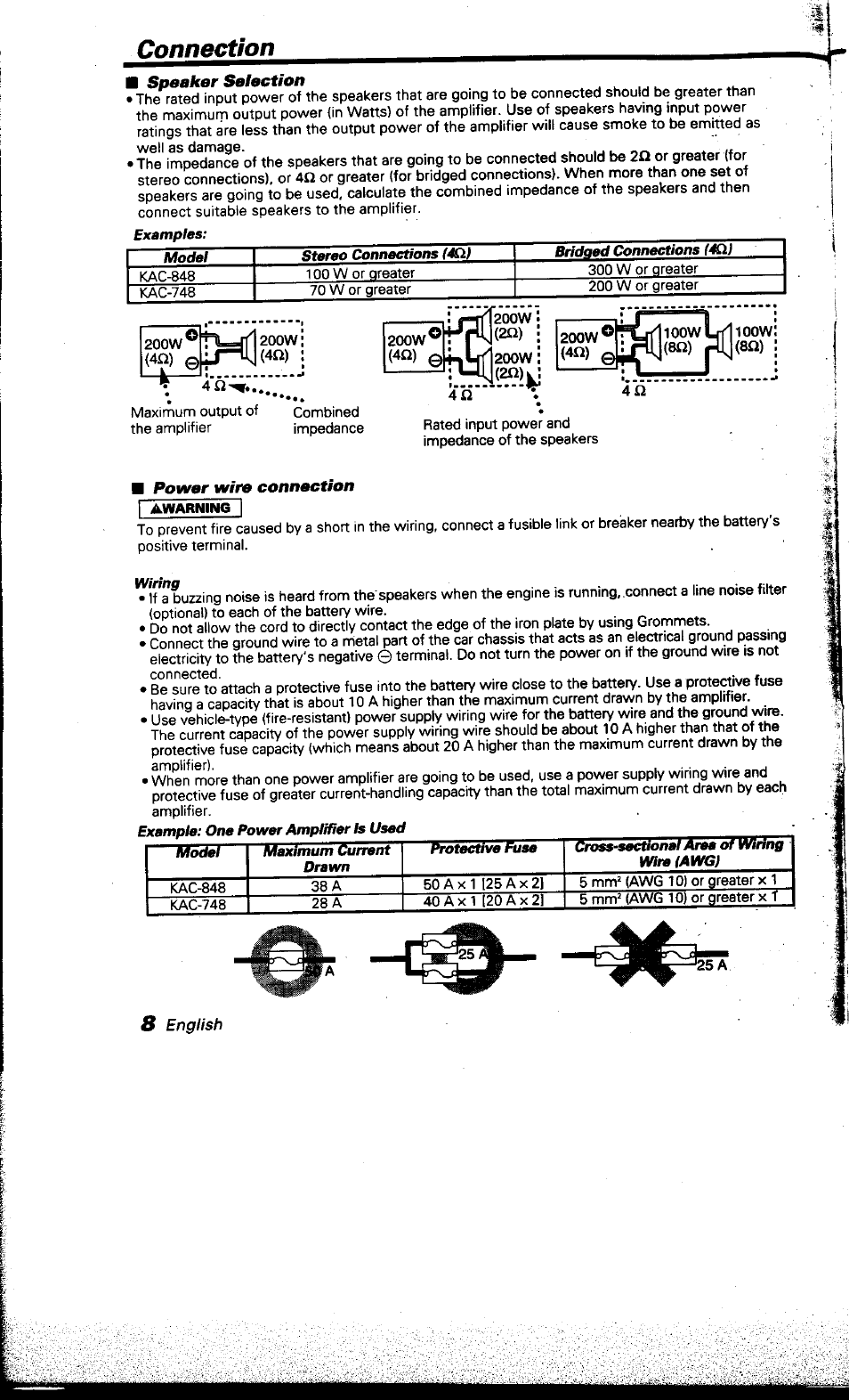 Connection, Speaker selection, Power wire connection | Wiring | Kenwood KAC-748 User Manual | Page 8 / 11