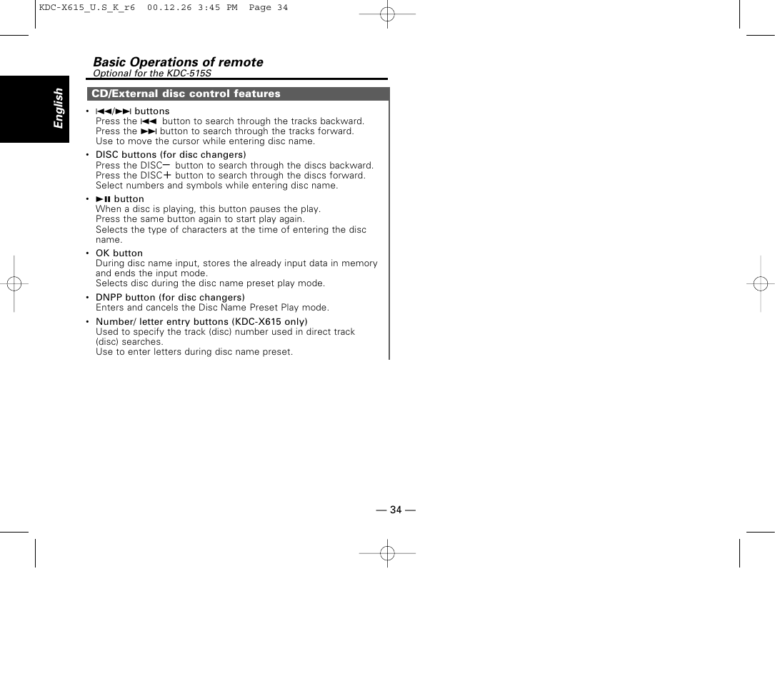 Basic operations of remote | Kenwood KDC-6015 User Manual | Page 34 / 43