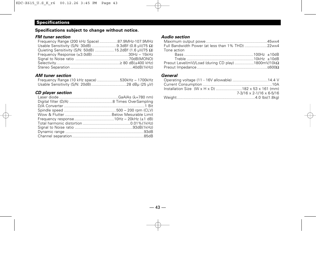 Specifications | Kenwood KDC-6015 User Manual | Page 43 / 43