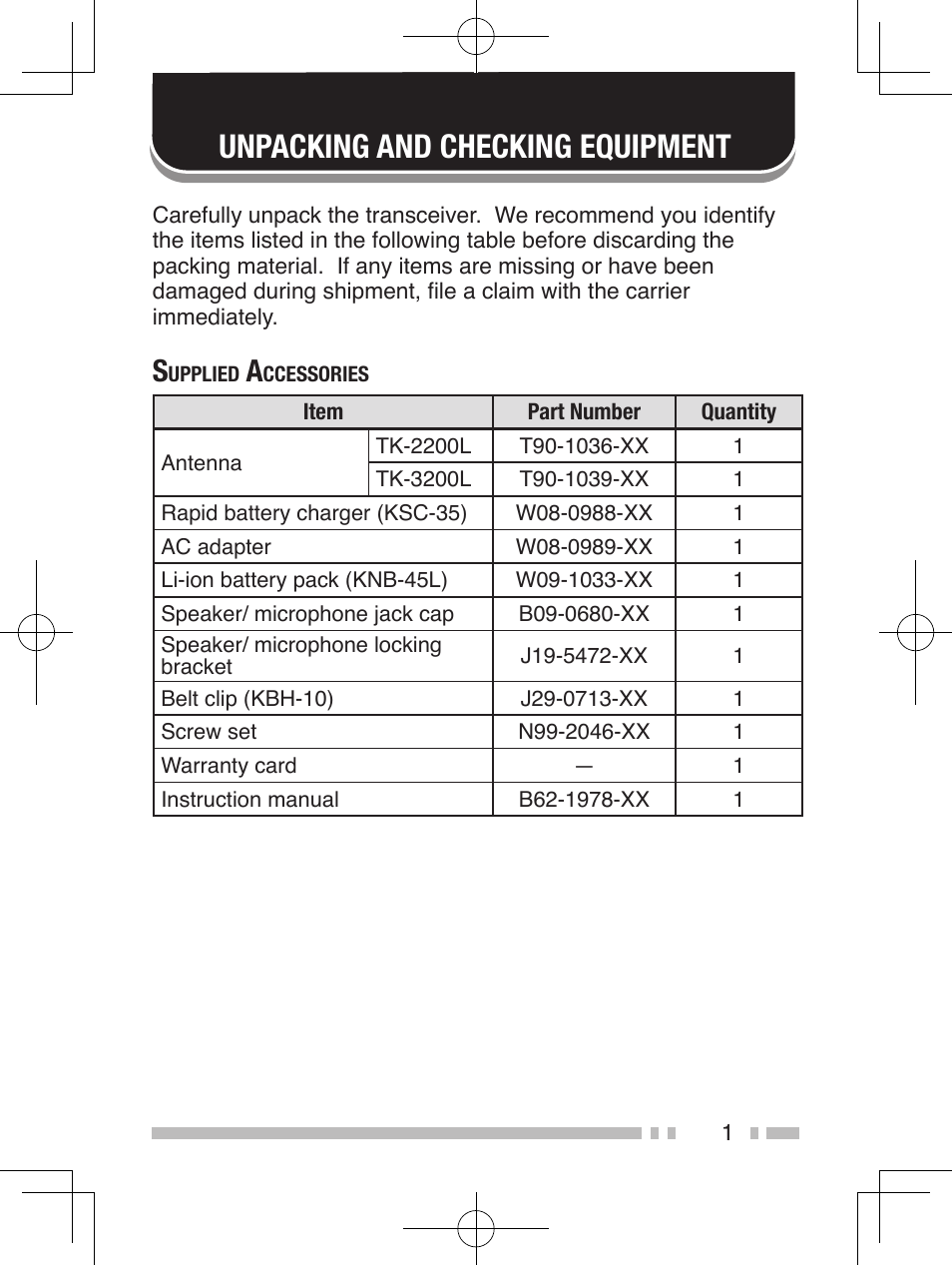 Unpacking and checking equipment | Kenwood TK-2200L User Manual | Page 9 / 47