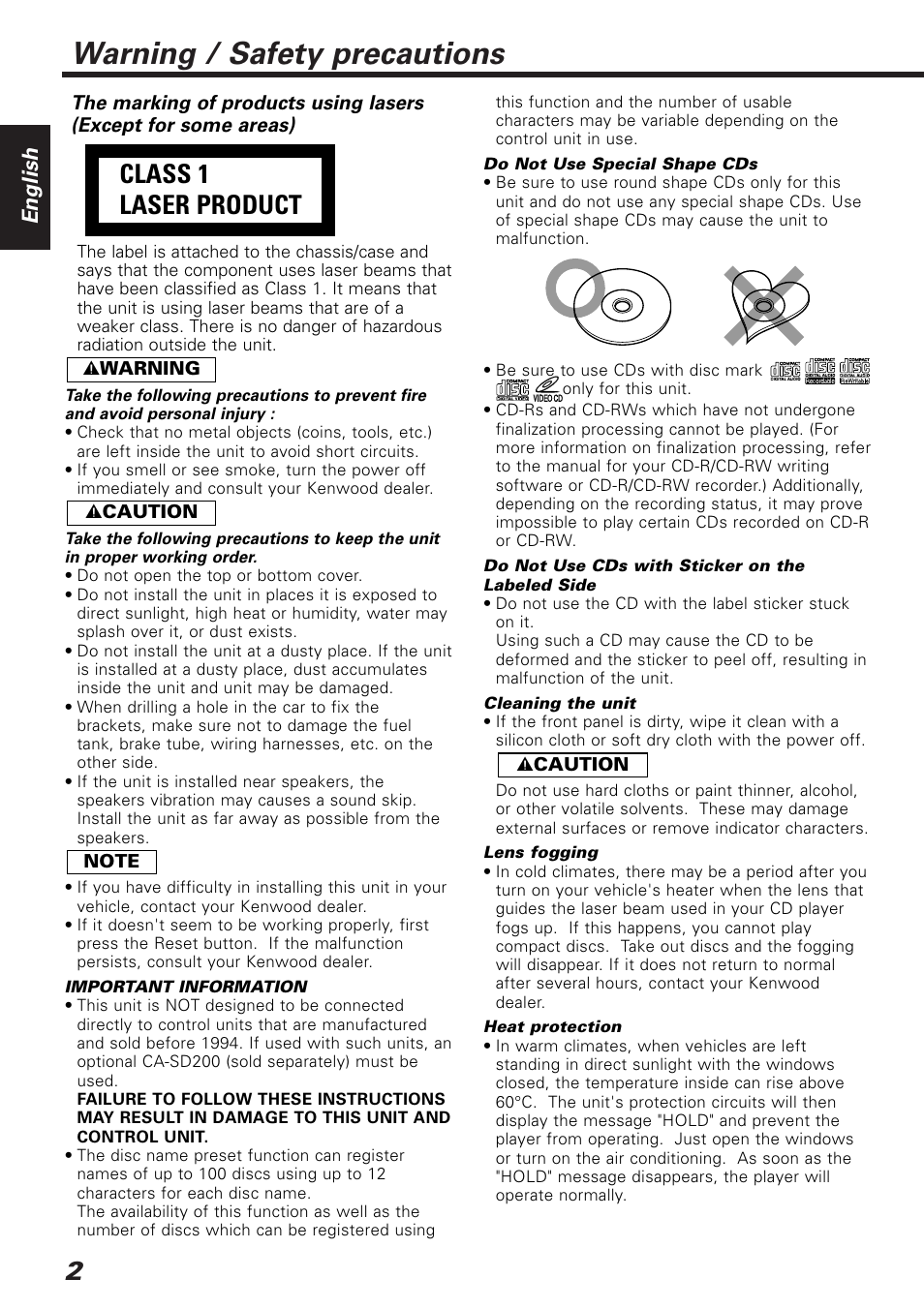 Warning / safety precautions, Class 1 laser product, English | Kenwood VIDEO CD AUTO CHANGER KDC-C20V User Manual | Page 2 / 9