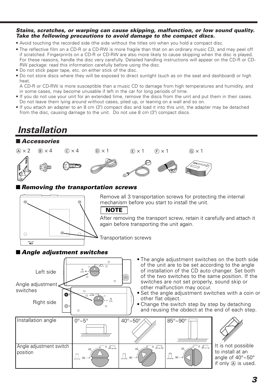 Installation, Accessories, Removing the transportation screws | Angle adjustment switches | Kenwood VIDEO CD AUTO CHANGER KDC-C20V User Manual | Page 3 / 9