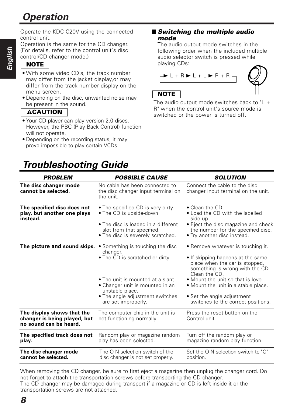 Operation, Troubleshooting guide, English | Kenwood VIDEO CD AUTO CHANGER KDC-C20V User Manual | Page 8 / 9