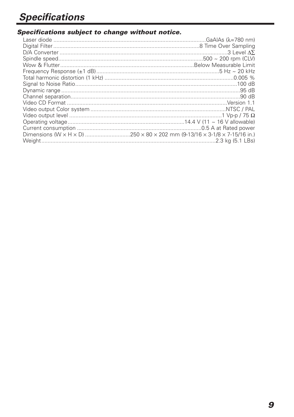 Specifications | Kenwood VIDEO CD AUTO CHANGER KDC-C20V User Manual | Page 9 / 9