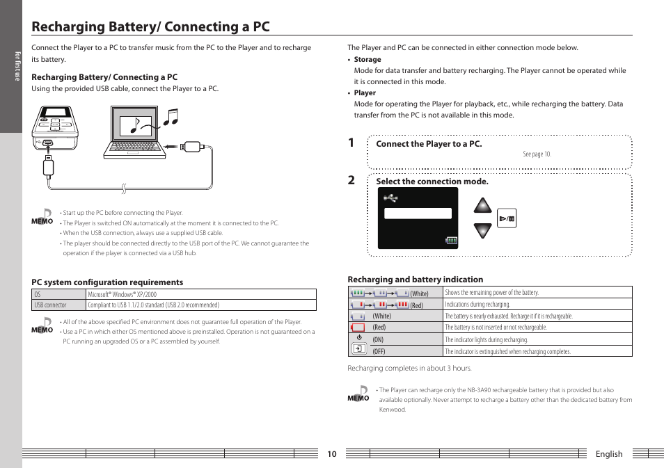 For first use, Recharging battery/ connecting a pc, Pc system configuration requirements | Recharging and battery indication | Kenwood M1GC7 User Manual | Page 10 / 36