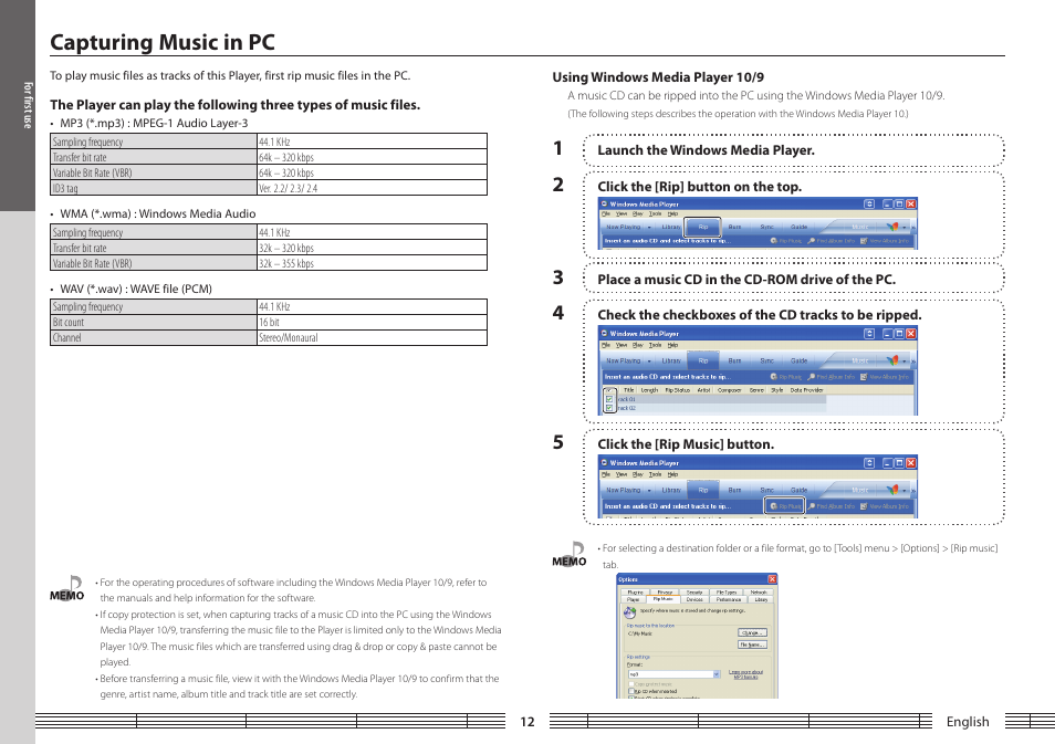 Capturing music in pc, Using windows media player 10/9, The.player.can.play.the.following.three | Types.of.music.files, Using.windows.media.player.10/9 | Kenwood M1GC7 User Manual | Page 12 / 36