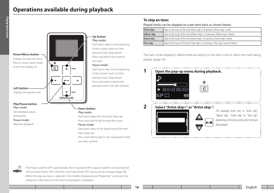 Operations available during playback, To skip an item, To.skip.an.item | Kenwood M1GC7 User Manual | Page 16 / 36