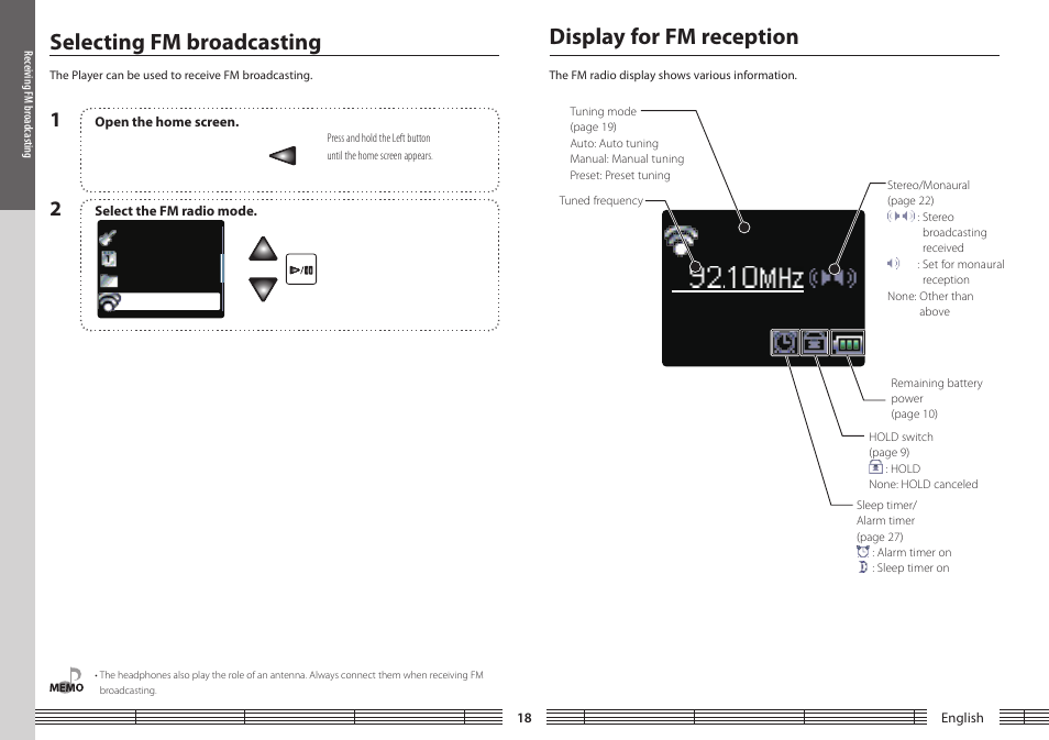 Receiving fm broadcasting, Selecting fm broadcasting, Display for fm reception | Selecting fm broadcasting display for fm reception | Kenwood M1GC7 User Manual | Page 18 / 36