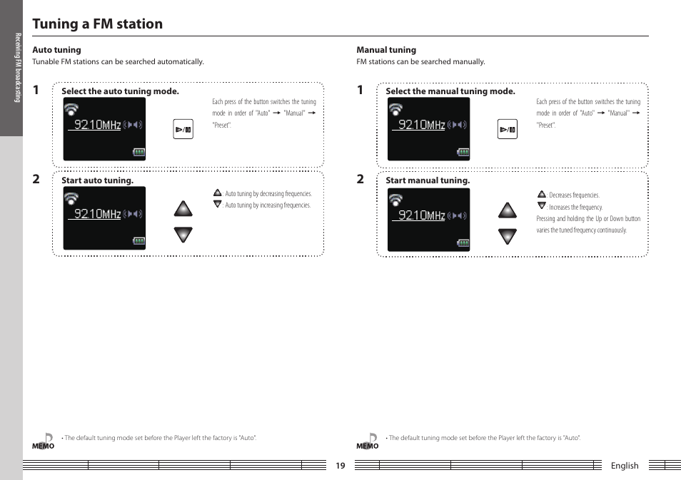 Tuning a fm station, Auto tuning, Manual tuning | Auto.tuning manual.tuning | Kenwood M1GC7 User Manual | Page 19 / 36