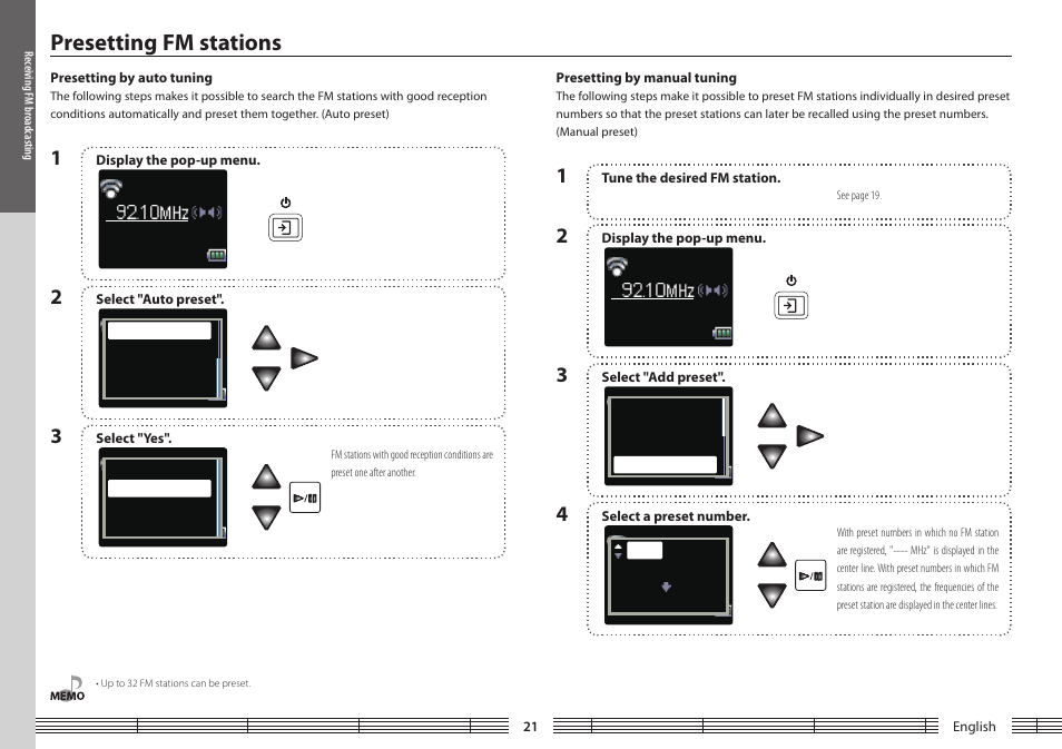 Presetting fm stations, Presetting by auto tuning, Presetting by manual tuning | Kenwood M1GC7 User Manual | Page 21 / 36