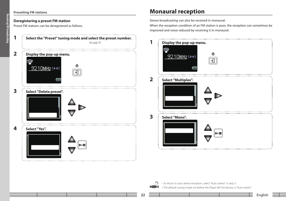 Monaural reception, Deregistering a preset fm station, Deregistering.a.preset.fm.station | Kenwood M1GC7 User Manual | Page 22 / 36