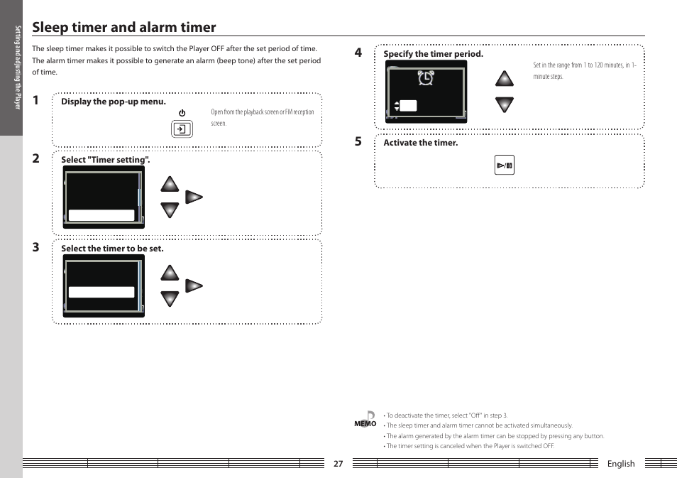 Setting and adjusting the player, Sleep timer and alarm timer, Sleep.timer | Kenwood M1GC7 User Manual | Page 27 / 36