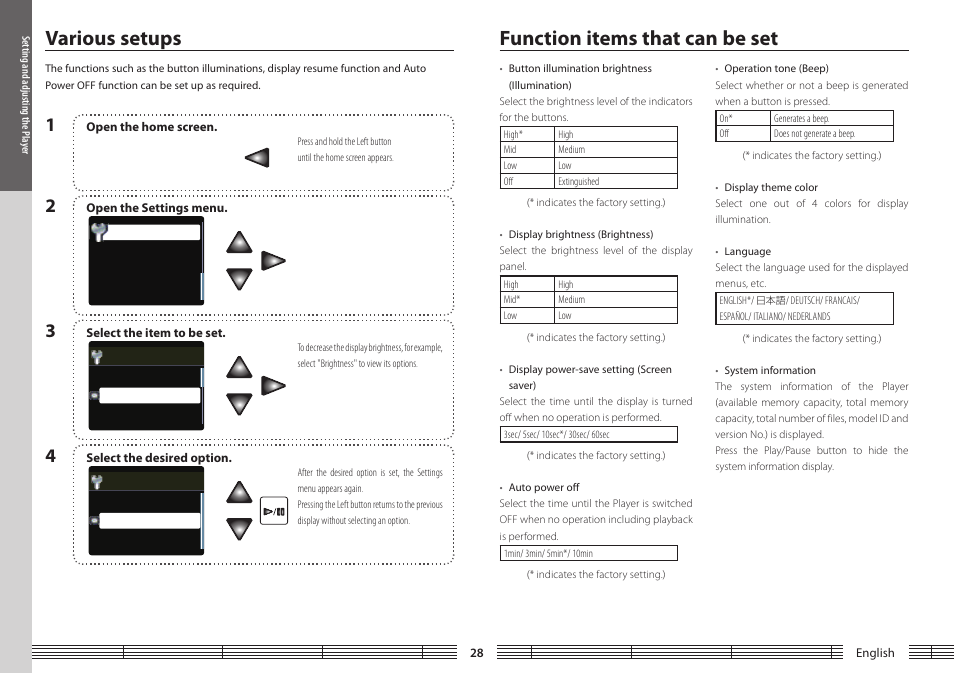 Function items that can be set, Various setups, Various setups function items that can be set | Kenwood M1GC7 User Manual | Page 28 / 36