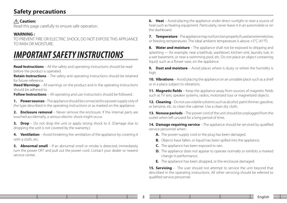 Safety precautions, Important safety instructions | Kenwood M1GC7 User Manual | Page 3 / 36